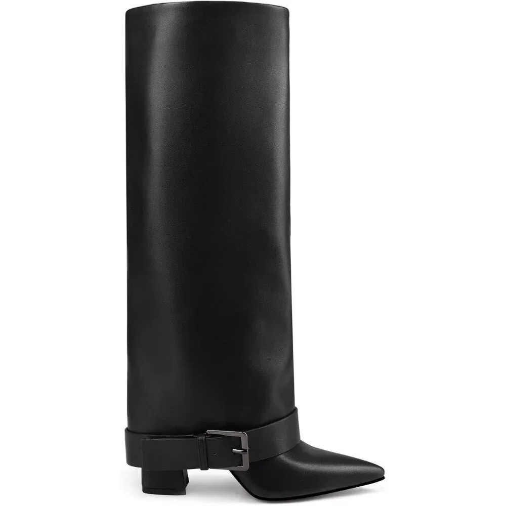 Women's Black Wide Calf Pointed Toe Belt Buckle Knee High Fall Long Boot
